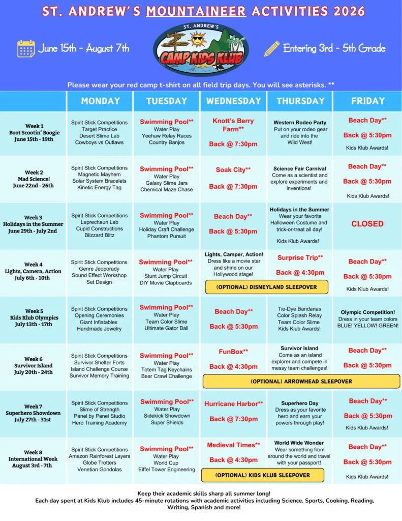 Mountaineers Schedule St. Andrews 2026 Weekly