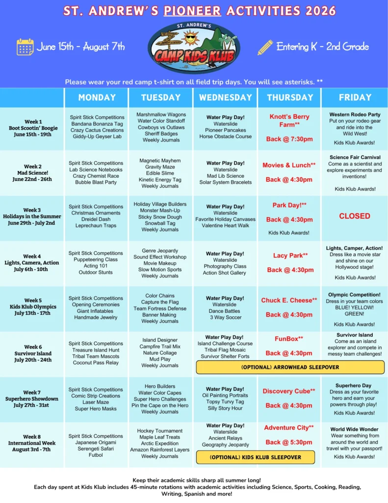 Pioneers Schedule St. Andrews 2026