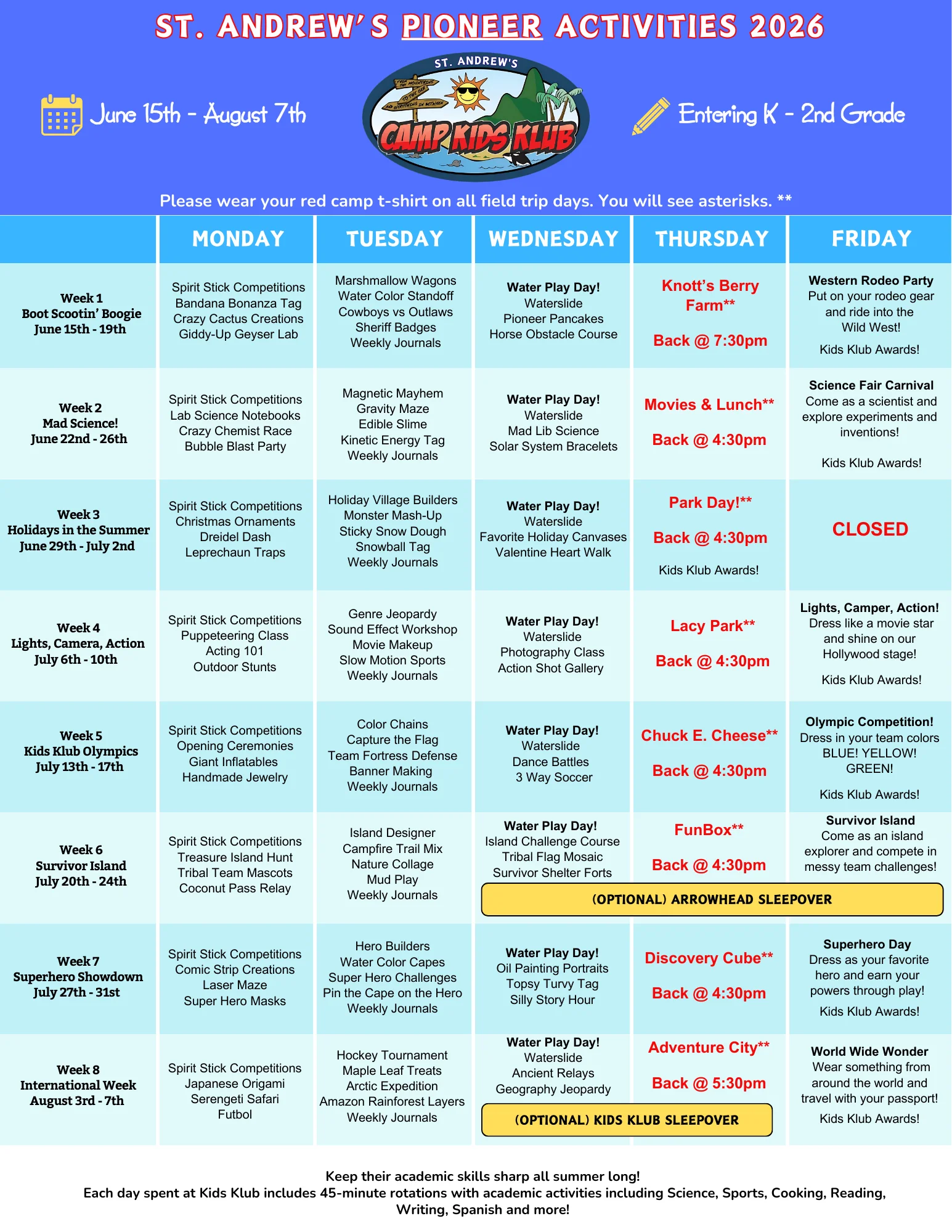 Pioneers Schedule St. Andrews 2026