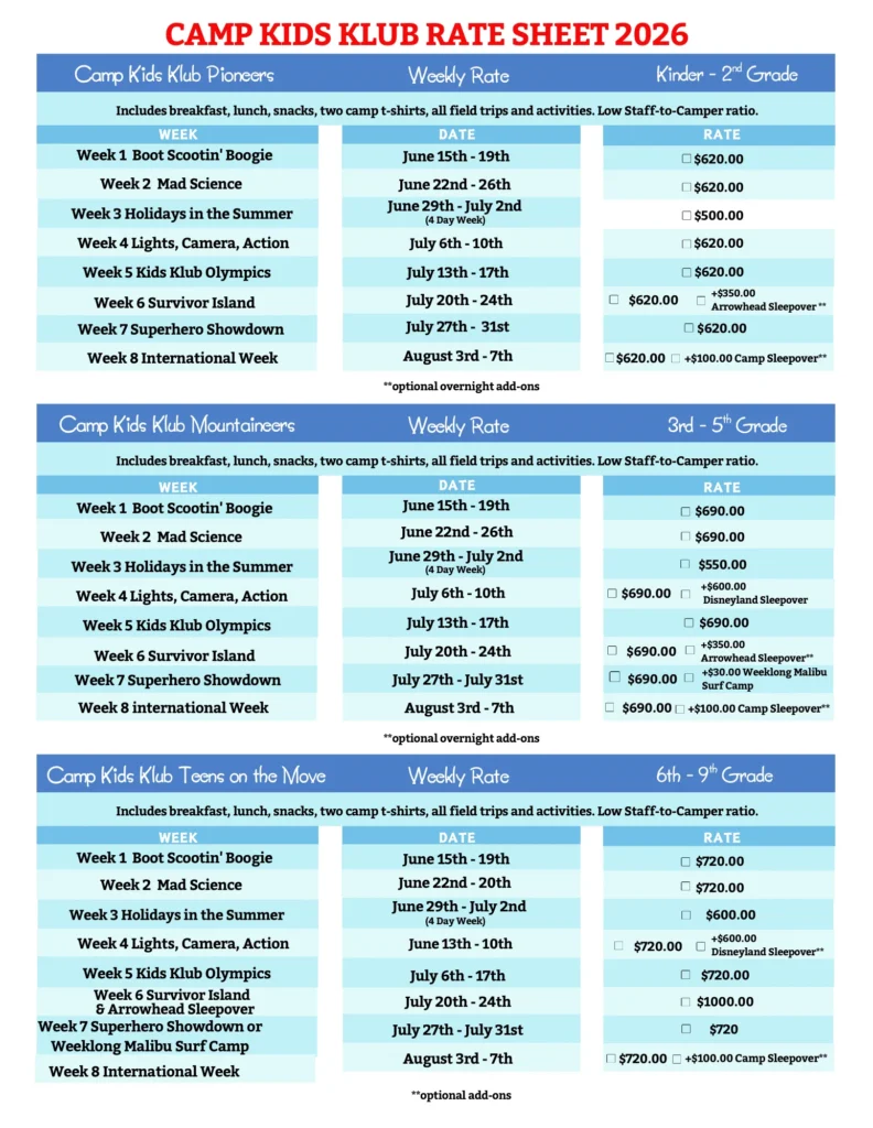 Saint Andews Camp Rate Sheet