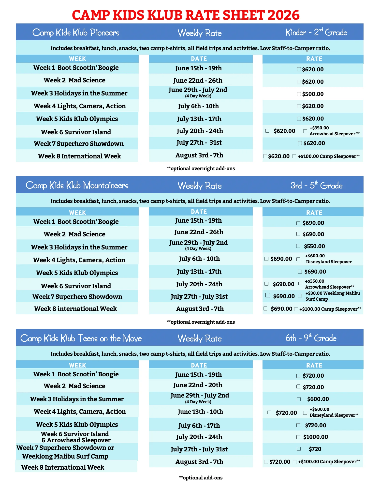 Saint Andews Camp Rate Sheet