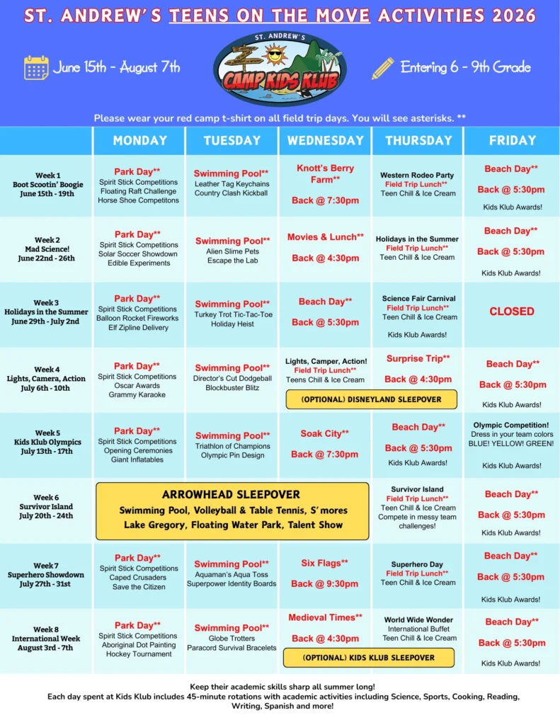 Teens schedule St. Andrew's 2026