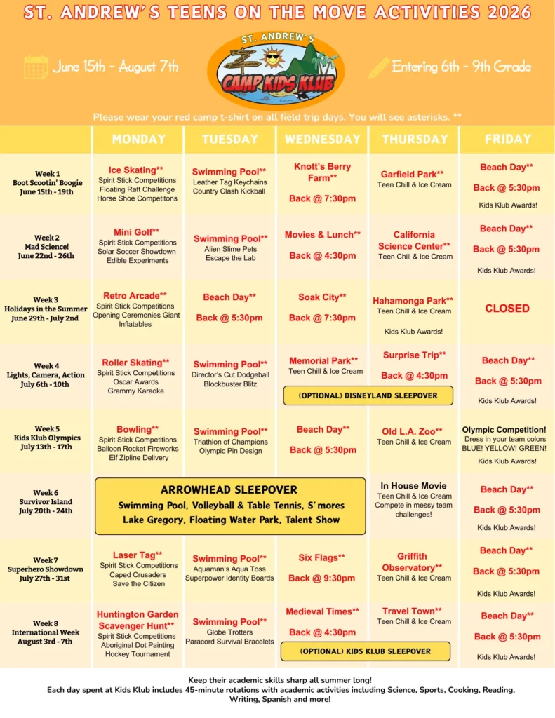 Teens schedule St. Andrew's 2026